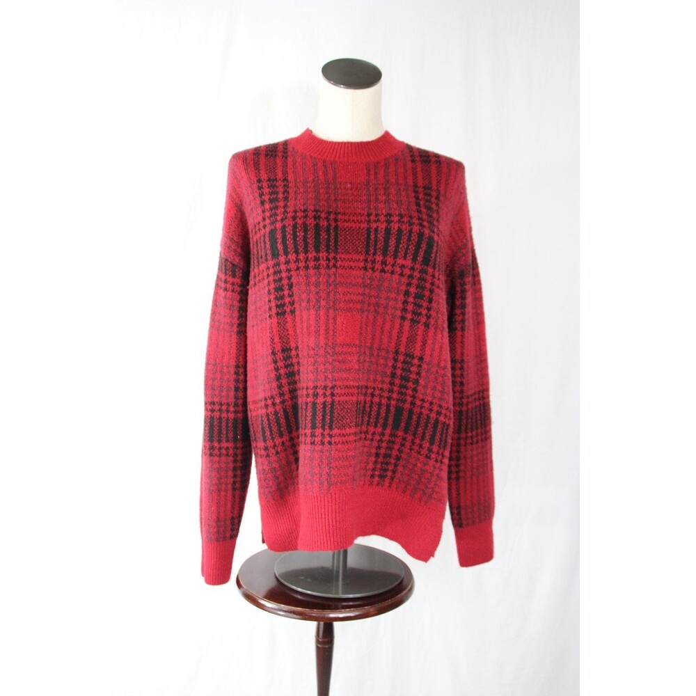 Christian Siriano New York Red Black Plaid Soft Crewneck Sweater M Winter NEW